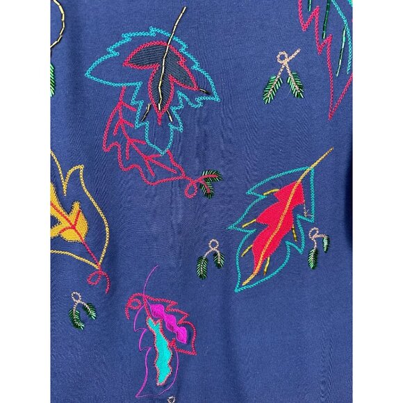 Women’s Plus Size 16 Blue Long Sleeve Top Embroidered Fall Leaves Cotton Casual - Picture 8 of 9